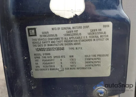 2007 Chevrolet Trailblazer Lt from USA, damaged, VIN 1GNDS13S972136048